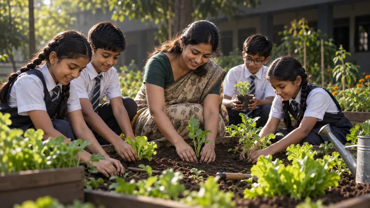 Students and a teacher tending a school vegetable garden
