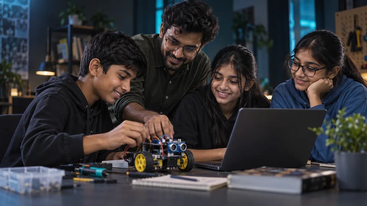 Students exploring robotics with a mentor