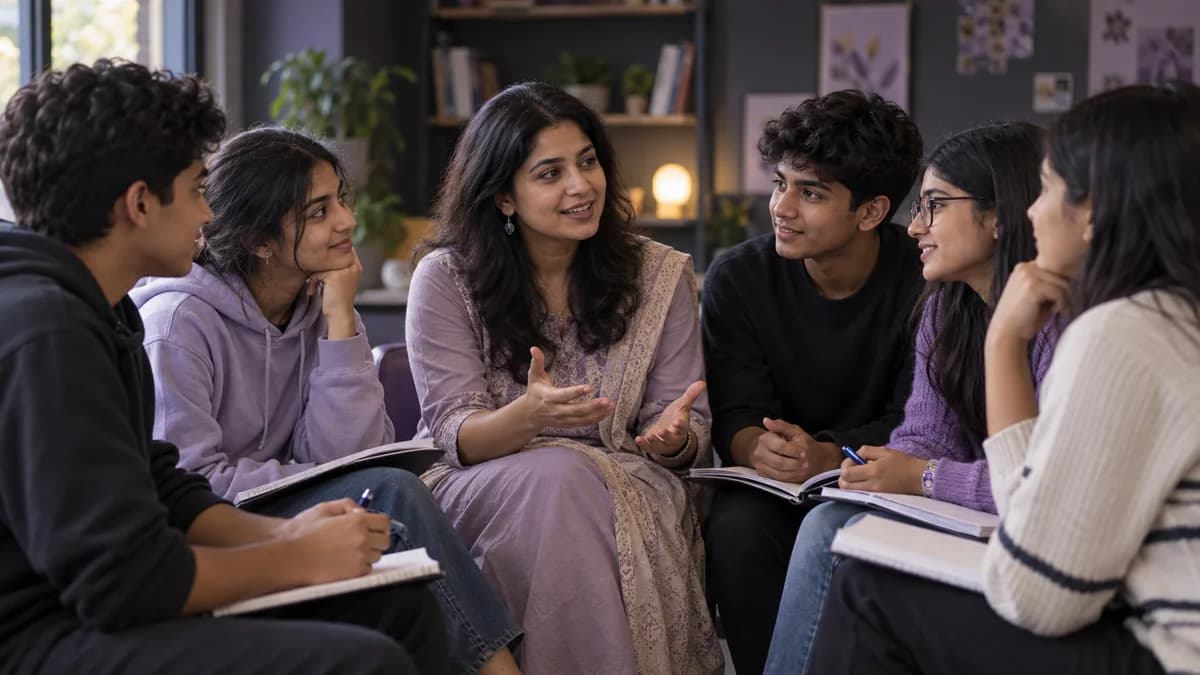 Teenagers in a supportive discussion with an educator